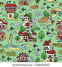 Seamless Summer pattern with a medieval village. Background with doodle houses and trees. Spring in the Suburbs. Town Map