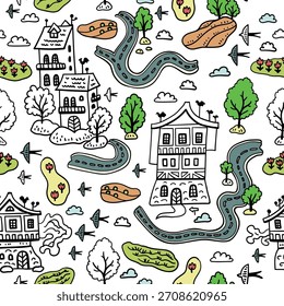 Patrón de verano sin fisuras con un pueblo medieval. Fondo con casas de garabatos y árboles. Primavera en los suburbios. Mapa de Town