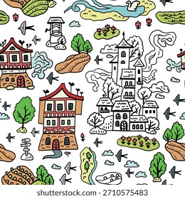 Patrón de verano sin fisuras con un pueblo medieval. Fondo con casas de garabatos y árboles. Primavera en los suburbios. Mapa de Town