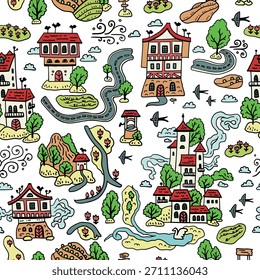 Patrón de verano sin fisuras con un pueblo medieval. Fondo con casas de garabatos y árboles. Primavera en los suburbios. Mapa de Town