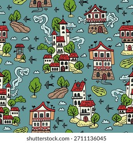 Patrón de verano sin fisuras con un pueblo medieval. Fondo con casas de garabatos y árboles. Primavera en los suburbios. Mapa de Town
