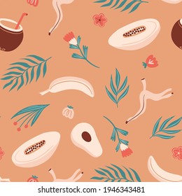 Nahtloses Sommermuster mit Melon, Farn, Banane, Kokoscocktail, Avocado, Pflanzen und Blumen.  Vektorgrafik für Gewebe, Umhüllung, Tapete, Textilien, Hintergrund