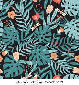 Seamless summer pattern with monstera and palm leaf,  fern, dragonfly, plants and flowers.  Vector illustration on black background