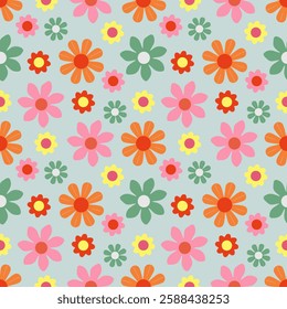 Seamless, summer pattern with multi-colored flowers on a blue background