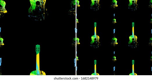 Seamless summer pattern of a musical guitar in bright colors splattered with paint on a black background. Rainbow guitar