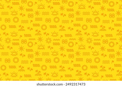 Seamless summer pattern on a blue background featuring outline icons such as sun, beach, sandals and palm trees. Vector illustration.