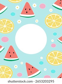 Seamless summer pattern on light blue. Features fresh watermelon lemon slices, white flowers, and a central white circle for custom text. Ideal for invitations, social media, and seasonal branding.