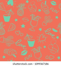 Seamless summer pattern on pink background with pineapple, cactus, drink, fun, ice cream, watermelon, heart, lips.  