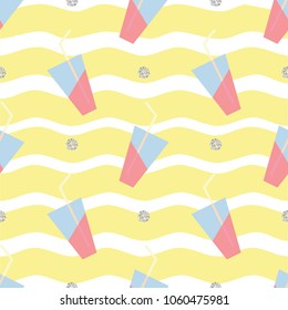 seamless summer pattern on stripe background with fresh drink glass