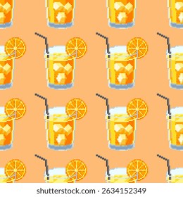 Seamless summer pattern with orange cocktail in pixel art style. Bright fruity drink design for fabric, packaging, digital projects and wallpaper.