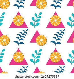 Seamless summer pattern with oranges and blue leaves on a white background