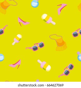 Seamless Summer pattern, ornament of women's accessories, shoes, perfumes, clothes, ice cream on green background. Applicable for Covers, Placards, Posters, Leaflet, Banner Designs. Vector