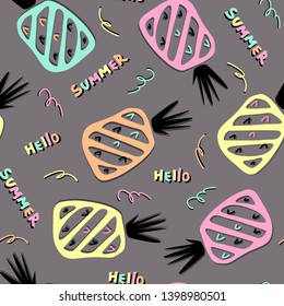 Seamless summer pattern of ornamental pineapples. Exotic fruits on a gray background with paper cut effect.  Hand drawn lettering Hello Summer. Vector design elements for banners, cards, textiles.