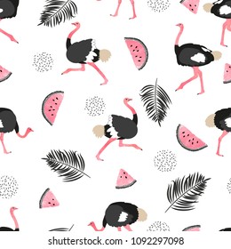 Seamless summer pattern with ostrich, watermelon slices and palm leaves. Vector trendy background.