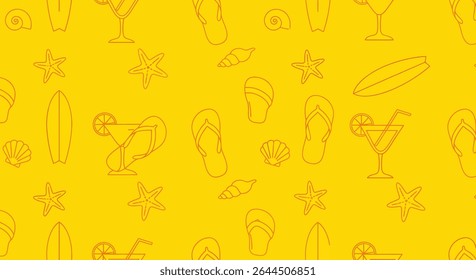 Seamless summer pattern with outlines of cocktail, surfboard, starfish, seashell and flip-flops in a repeating design.