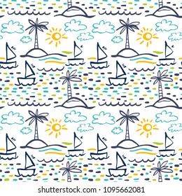 Seamless summer pattern with palm trees and sea.