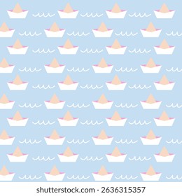 Padrão contínuo de verão com barcos de papel e ondas. Ilustração vetorial