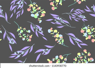 Seamless Summer Pattern in Pastel Color Design. Vector Eucalyptus Leaves. Beautiful Branches and Floral Elements. Tropical Plants. Botanical Background. Summer Pattern for Wedding Design, Print.