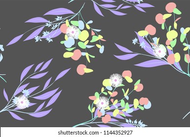 Seamless Summer Pattern in Pastel Color Design. Vector Eucalyptus Leaves. Beautiful Branches and Floral Elements. Tropical Plants. Botanical Background. Summer Pattern for Wedding Design, Print.