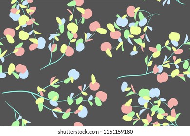 Seamless Summer Pattern in Pastel Color Design. Vector Eucalyptus Leaves. Beautiful Branches and Floral Elements. Tropical Plants. Botanical Background. Summer Pattern for Wedding Design, Print.