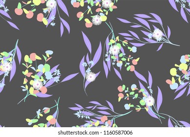 Seamless Summer Pattern in Pastel Color Design. Vector Eucalyptus Leaves. Beautiful Branches and Floral Elements. Tropical Plants. Botanical Background. Summer Pattern for Wedding Design, Print.
