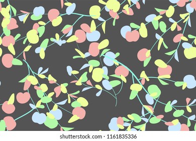 Seamless Summer Pattern in Pastel Color Design. Vector Eucalyptus Leaves. Beautiful Branches and Floral Elements. Tropical Plants. Botanical Background. Summer Pattern for Wedding Design, Print.