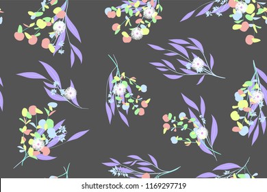 Seamless Summer Pattern in Pastel Color Design. Vector Eucalyptus Leaves. Beautiful Branches and Floral Elements. Tropical Plants. Botanical Background. Summer Pattern for Wedding Design, Print.
