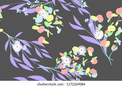 Seamless Summer Pattern in Pastel Color Design. Vector Eucalyptus Leaves. Beautiful Branches and Floral Elements. Tropical Plants. Botanical Background. Summer Pattern for Wedding Design, Print.