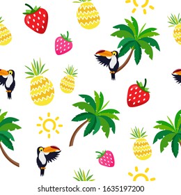 Seamless summer pattern with pineapple, coconut, palm and bird, strawberry