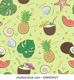 Seamless summer pattern with pineapple, coconut, palm leaves and seashells