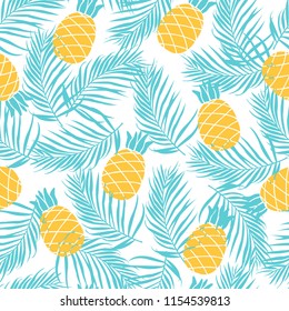 Seamless summer pattern with  pineapple, palm leaves, Vector illustration.