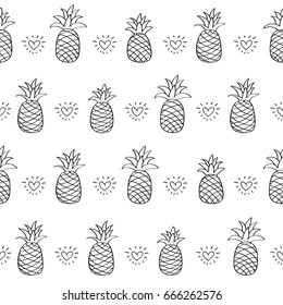 Seamless summer pattern with pineapples and hearts for textile, wallpapers, gift wrap and scrapbook. Black and white. Vector illustration.