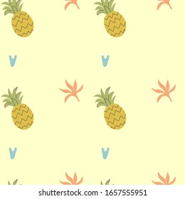 Seamless summer pattern of pineapples, little blue hearts and pink palm leaves. Flat vector illustration.