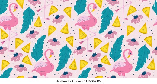 Seamless summer pattern with pink flamingo and tropical leaves and pineapple pieces.Blue leaves and flamingos on a pink background for children's design. Flat vector illustration