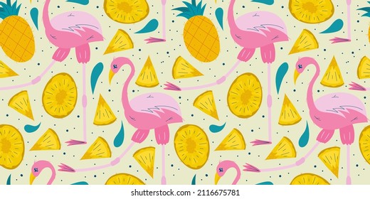 Seamless summer pattern with pink flamingo pineapple pieces. Fruit and flamingo on a light background for childrens design. Flat vector illustration.