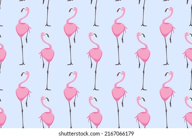 Seamless summer pattern with pink flamingo on blue background. Elegant kids decoration. Childish cute design with tropical bird. Animal pattern vector illustration.