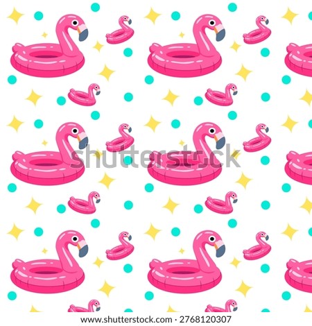 Seamless summer pattern with pink flamingo pool floats and sparkle dots for beach textile and pool party decor