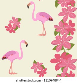 Seamless summer pattern with pink flamingos and clematis flowers. For decorating textiles, packaging and wallpaper. Vector illustration.