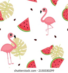 Patrón veraniego sin foco con flamencos rosados, rodajas de sandía, semillas y hojas tropicales sobre fondo blanco. Ilustración vectorial en estilo plano. Buena impresión de tela, tarjeta de felicitación, envoltura, etc.