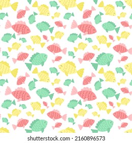 Seamless summer pattern with pink, green and yellow fishes. Vector sea illustration for holiday, background, textile, fabric, baby, card, girl, boy, birthday. Hand-drawn marine image of a fish