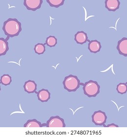 Seamless summer pattern with pink and purple sunglasses and flying seagulls on violet sky background for fabric, tablecloth, wrapping paper and surface design