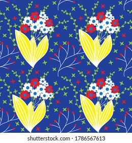 Seamless summer pattern with plant and flowers, workpiece for your design. Flowers elements and motifs. Decor for textile and print design. Vector.	

