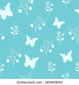 Nahtloses Sommermuster mit Pflanzen und Schmetterlingen auf hellblauem Hintergrund. Vektorgrafik, die botanischen Hintergrund für Textilien, Stoffe, Tapeten, Druck, Deckung, Hintergrund, Oberfläche, Banner, Paketdesign