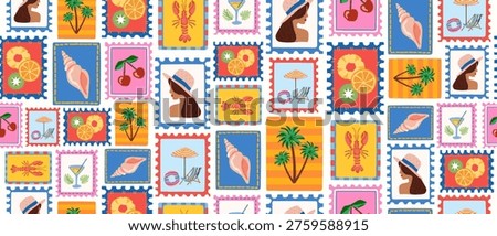 A seamless summer pattern with postage stamps and tropical symbols. Various illustrations of a woman, a coconut cocktail, a palm tree, a shell, and a lobster. A collection for vacations and travel. Vector.