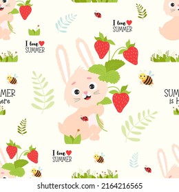 Seamless summer pattern with rabbit. Cute bunny with bouquet of strawberries and bee on white background with lettering - I love summer. Vector illustration for kids collection, design, packaging