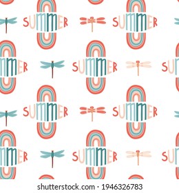 Seamless summer pattern with rainbow and lettering ‘Summer’. Vector illustration for fabric, wrapping paper, wallpaper, textile, background