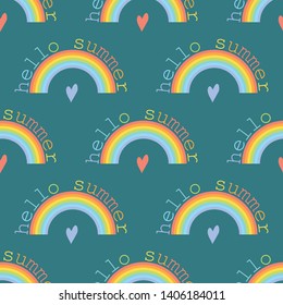 Seamless summer pattern with rainbow and text "hello summer" on a dark blue background. Banner, poster, wallpaper, wrapping paper. Vector illustration.