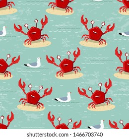 Seamless summer pattern with red crab, starfish and seagull on the waves. Vector illustration.