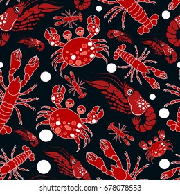 Seamless summer pattern with red crabs,lobsters and shrimps.Colorful vector textile texture.Funny background