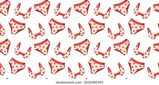 Padrão contínuo de verão com biquínis de bolinhas vermelhas no fundo branco. Ilustração de vetor de desenhos animados sobre fundo branco